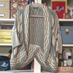 Women's Black and Cream Pattern Open Flyaway Cardigan Cacoon Sweater